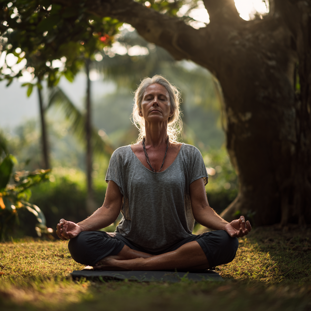 50 years old woman practicing gentle yoga poses in peaceful natural setting
