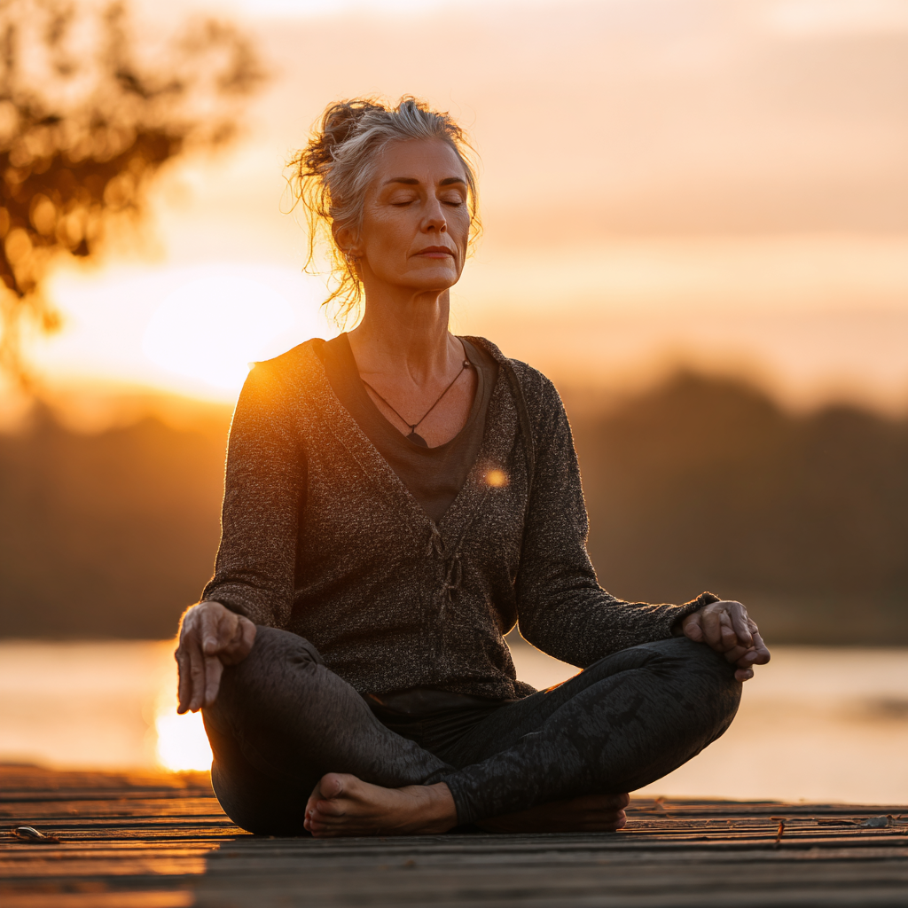 51 years old person meditating peacefully in lotus position outdoors
