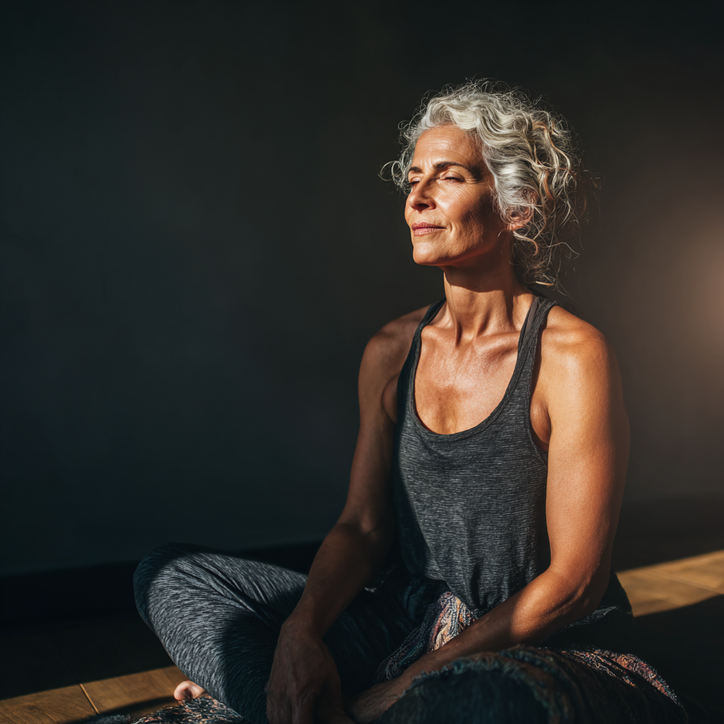 52 years old woman sitting peacefully after yoga session